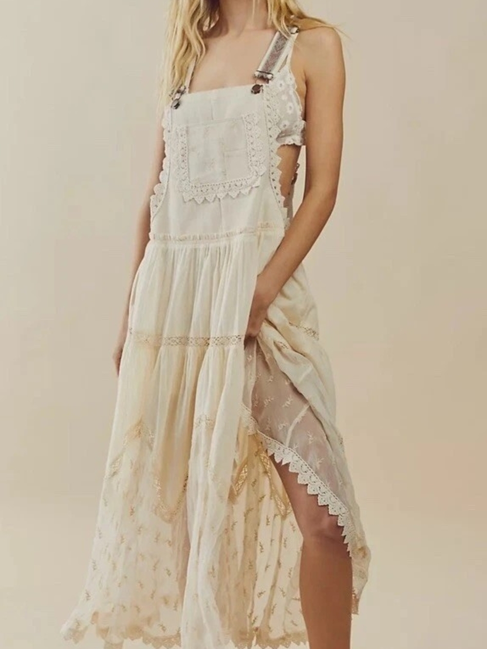 Boho Lace-Trim Maxi Sundress in Cream
